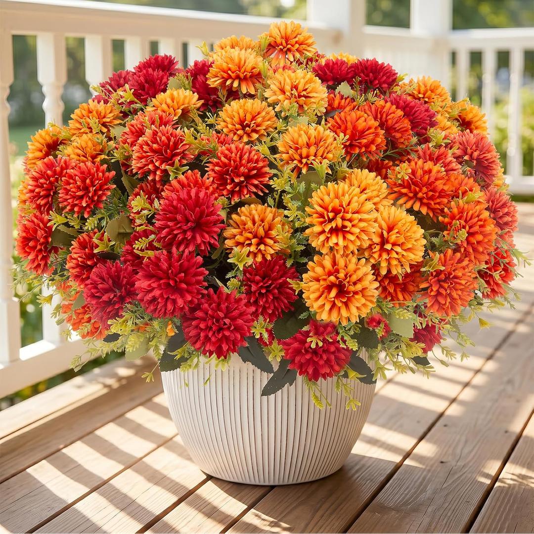 24 Pcs Artificial Mums Flowers for Outdoor, UV Resistant Fake fall Chrysanthemums Marigold Plant, Autumn Floral Arrangements for Outside, Garden, Yard(24, Orange, Burnt Orange, Red, Burgundy)