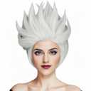 ANOGOL Hair Cap+Short Layered White with Slightly Grey Wig for Women Short White Sea Witch Wig Anime Cosplay Mad Scientist Hair for Halloween Party Cosplay Peluca Blanca para Adult