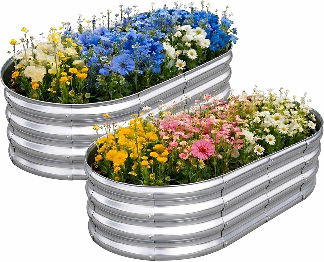 TATAANTY Galvanized Raised Garden Bed for Outdoor: 4X2X1ft Durable Metal Vegetable Plant Container Kit - Oval Planter Box for Gardening Flower Trough 2 Pack