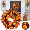 24 Inch Fall Wreath Autumn Front Door Wreath Harvest Wreath with Various Pumpkin Cluster of Maple Leaves for Outside Indoor Wall Window Festival Thanksgiving Autumn Fall Decor