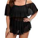 Floerns Women's Plus Size 2 Piece Cold Shoulder Layered Top High Waist Bottoms Tankini Swimsuit Black 1XL
