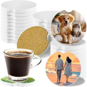 30Pcs Sublimation Blank Car Coasters,2.75inch/7mm Water Absorbent Ceramic Blank Thick Round with Finger Grooves for Easy Removal,Suitable for Sublimation DIY Crafts Painting Heat Transfer Car Coasters