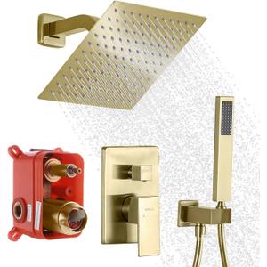 Rain Shower System with Handheld Shower, Bathroom Shower Faucet set 10 Inch Wall Mounted Bathroom Luxury Rainfall Mixer Shower Combo Set with Valve and Trim Kit, Brushed Gold