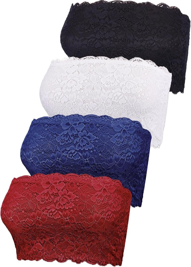 Boao 4 Pieces Women Floral Lace Bandeau Bra Strapless Cleavage Cover Tube Top Elastic Seamless Stretchy No Pad Bandeau Bra (L)