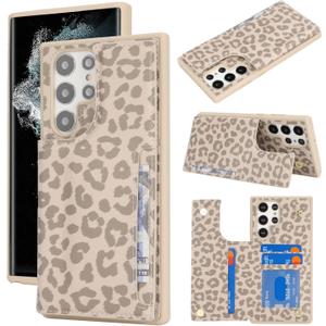 iCoverCase Compatible with Samsung Galaxy S22 Ultra Case with Card Holder, S22 Ultra Wallet Case for Women Men [RFID Blocking] PU Leather Protective Phone Case for S22 Ultra 5G (Beige Leopard)