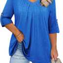 Amrto Plus Size Tops for Women 3/4 Sleeve Casual V Neck Pleated Shirts Loose Fit Tunic Blouse(XL-5XL) (Blue)