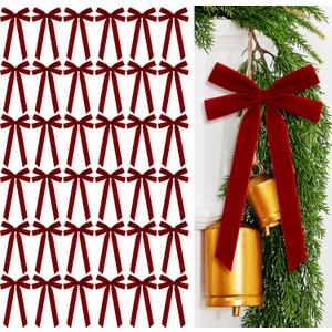36 Pcs Red Velvet Ribbon Bows 5.1 x 10.2 In Pre Tied Christmas Velvet Bows Christmas Tree Decorations Gift Packaging Bow for Xmas Wreath, Garland, Staircase, Home Outdoor Decoration