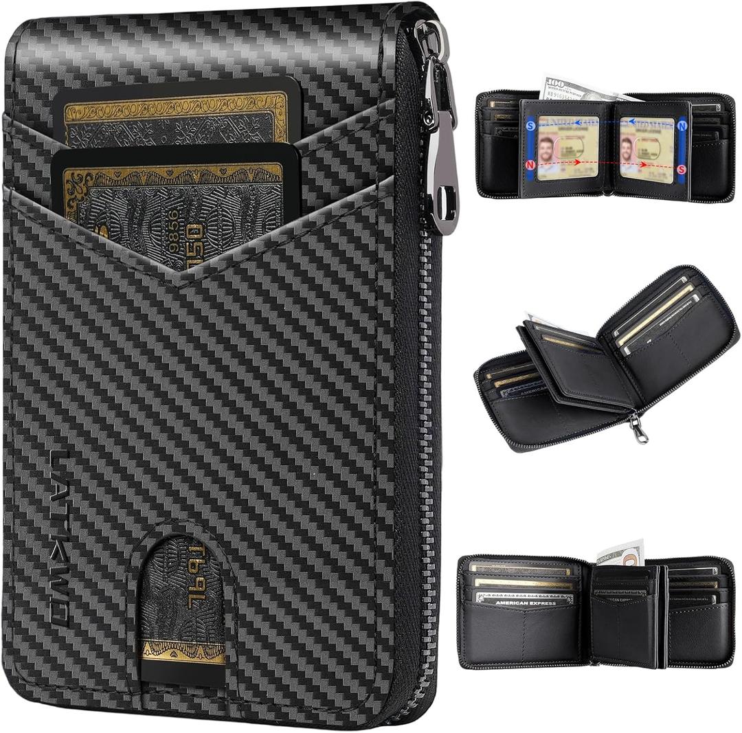Mens RFID Blocking Zipper Large Dimensions Wallet with 2 ID Windows - Large Capacity Design, 13 Credit Card Slots (Black)