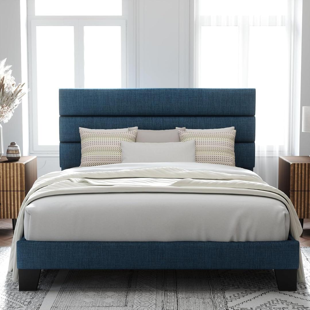 Allewie Queen Size Platform Bed Frame with Fabric Upholstered Headboard and Wooden Slats Support, Fully Upholstered Mattress Foundation/No Box Spring Needed/Easy Assembly, Navy Blue
