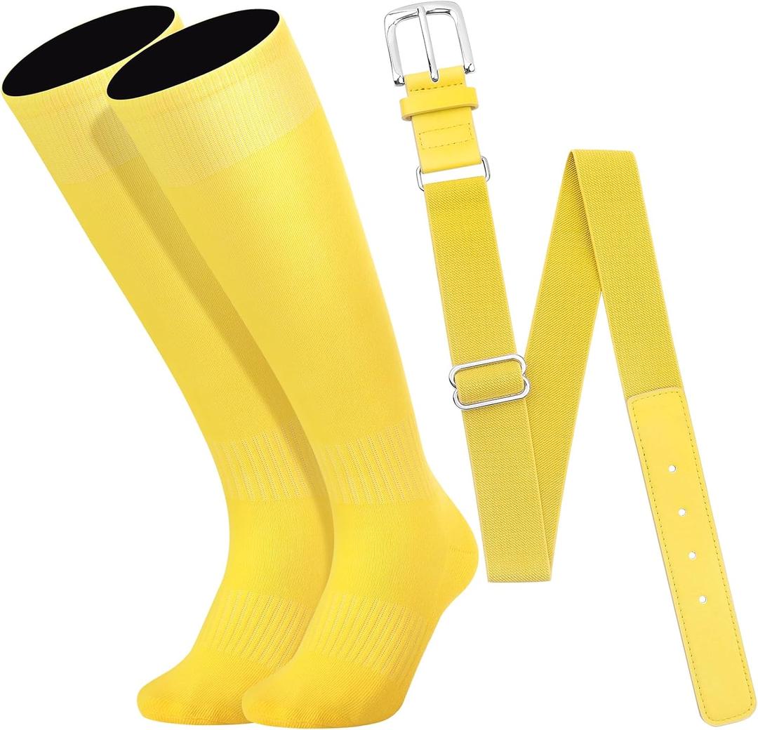 2 x Baseball Socks and Belt Combo Set for Youth Boys Girls Adult, Softball Tball Belt Socks with Elastic Belts (Yellow)