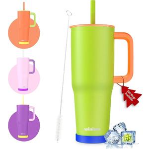 40 oz Tumbler with Handle and Straw, Gift for Her, Flexible Straw, Insulated Tumbler Cups with Silicone Bottom, Keeps Beverages Cold Up to 24 Hours, Gym/Travel/School（ Neon Green）