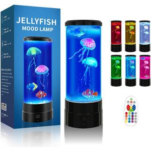 Jellyfish Lamp 12"-Black Minimalist Cylinder Table Lamp with 2 Large Jellyfish & 2 Fish,16 Color Changing LED,USB Powered,Remote Control,Jellyfish Light Lamp for Kids Christmas Gift