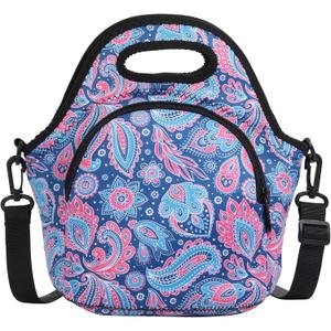 Neoprene Lunch Bag, Thermal Insulated Lunch Tote Bag with Detachable Shoulder Straps, Lightweight & Reusable Lunch Bag for Women Men (Cashew Flowers (Upgraded Version))