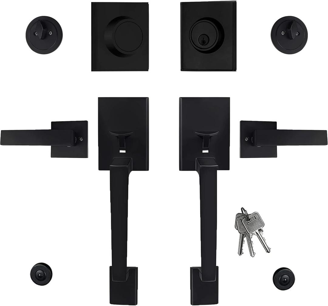 Double Door Handle Set, Matte Black Double Front Door Handle Sets with Dummy, Modern Heavy Duty Square Door Lever and Single Cylinder Deadbolt Combo for Exterior and Interior Doors, MB-DL-1