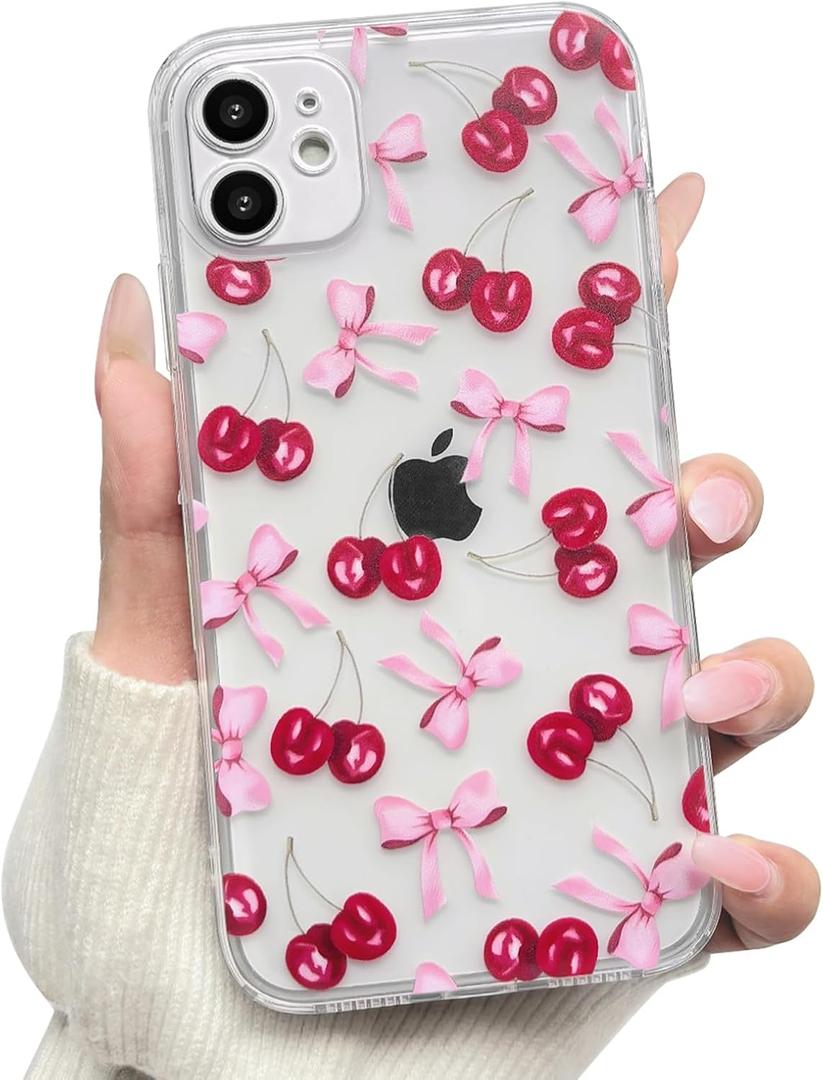NITITOP Compatible with iPhone 11 Case Cute Clear Cherry Bowknot Design for Women Girls Bow Ribbon Soft Fit Slim Stylish Anti Yellowing Protective Phone Cover - Pink