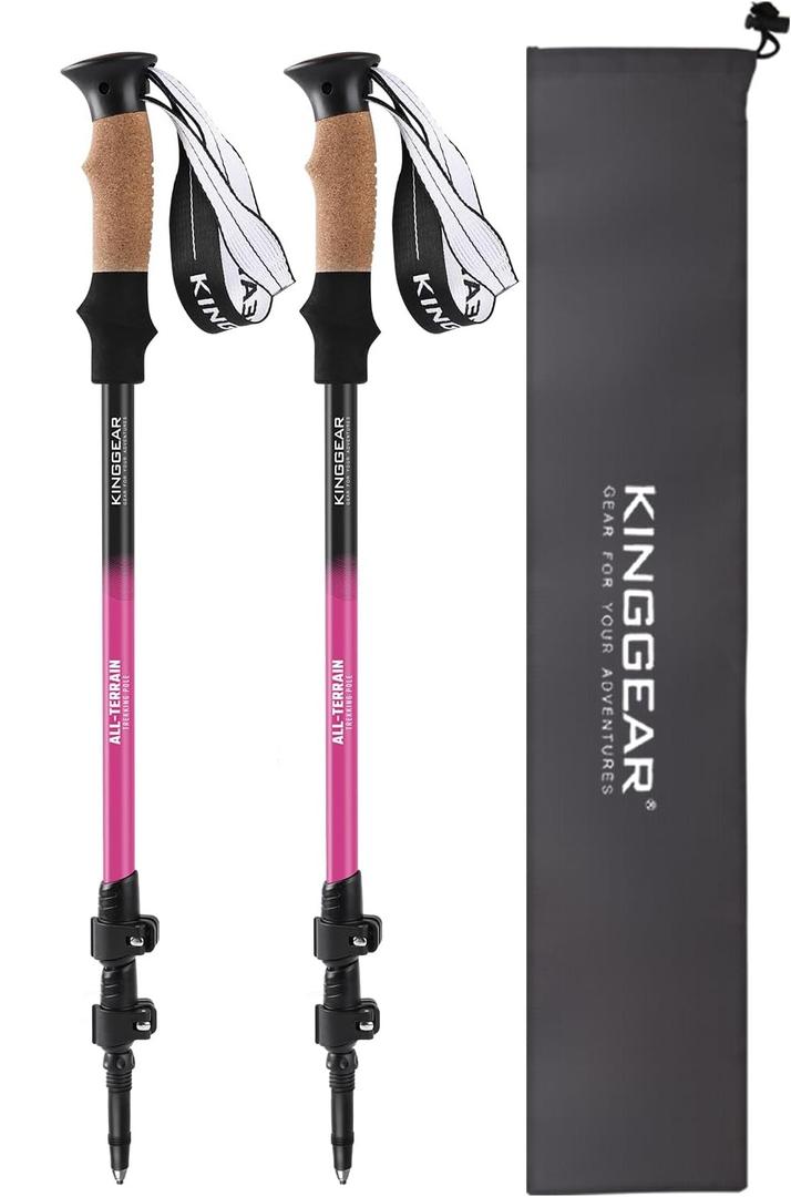 KINGGEAR Nordic Walking Stick, TP1 Hiking Poles Retractable Lightweight 7075 Aluminum, Trekking Poles with Flip Lock, Natural Cork and EVA Grip, 2pc Hiking Gear (Pink)