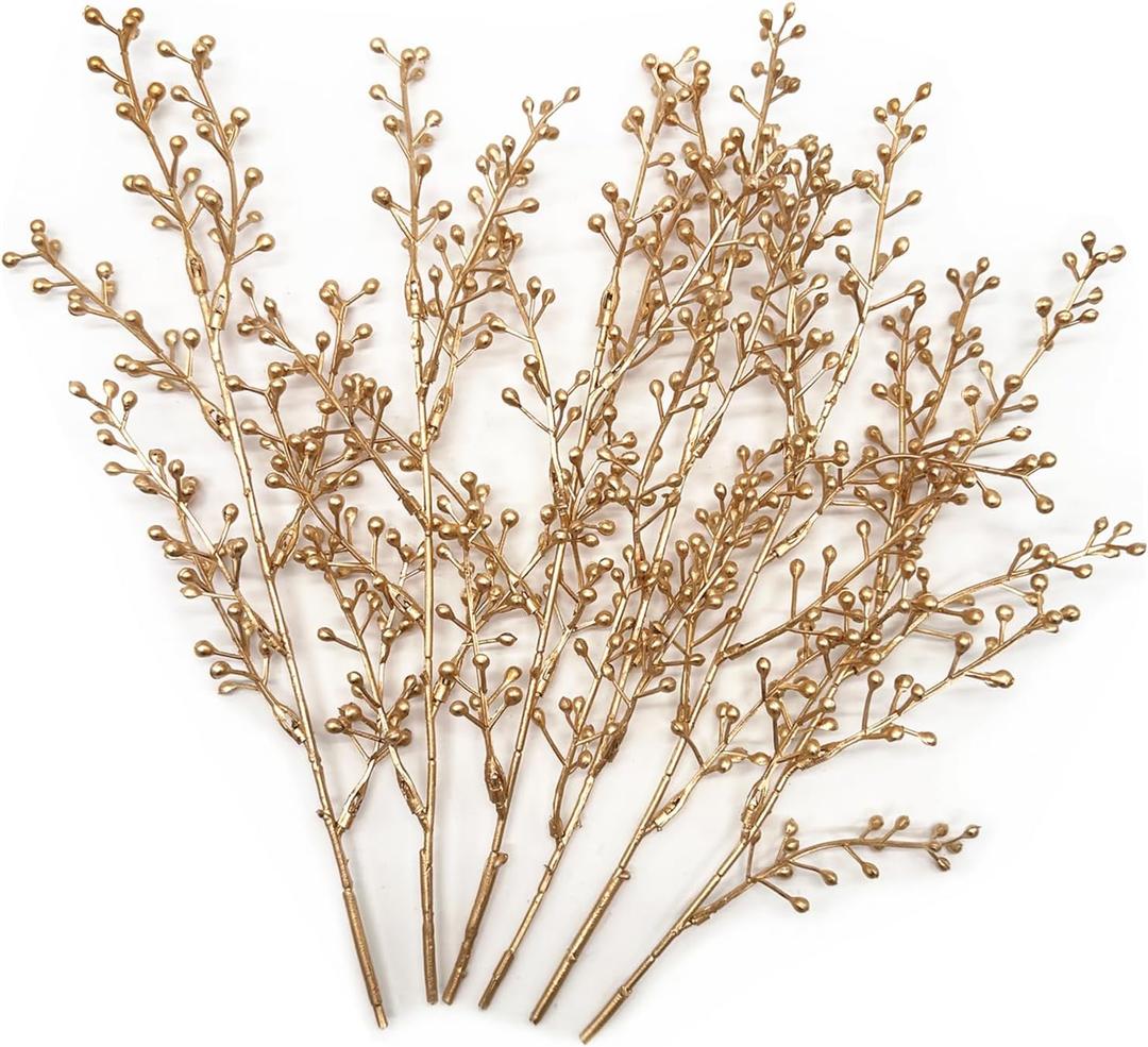 Artificial Golden Berry Stem Decorations, Fake Bead Sticks Picks Plastic Plants for Home Party Christmas Berries Stems Tree Ornaments Wreath Crafts DIY Gift Wedding Bouquet Xmas Decor Gold 6 Pcs