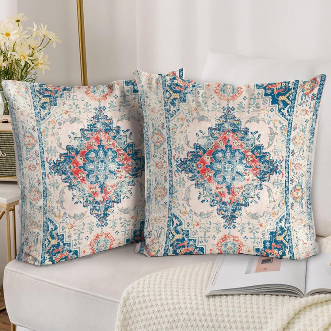 Boho Throw Pillow Covers 20x20 inch Set of 2,Bohemian Vintage Carpet Pattern Antique Ethnic Decor Double Sided Pattern Cushion Cover Soft Pillow Case Living Sofa Room Bed Square Pillow Cover
