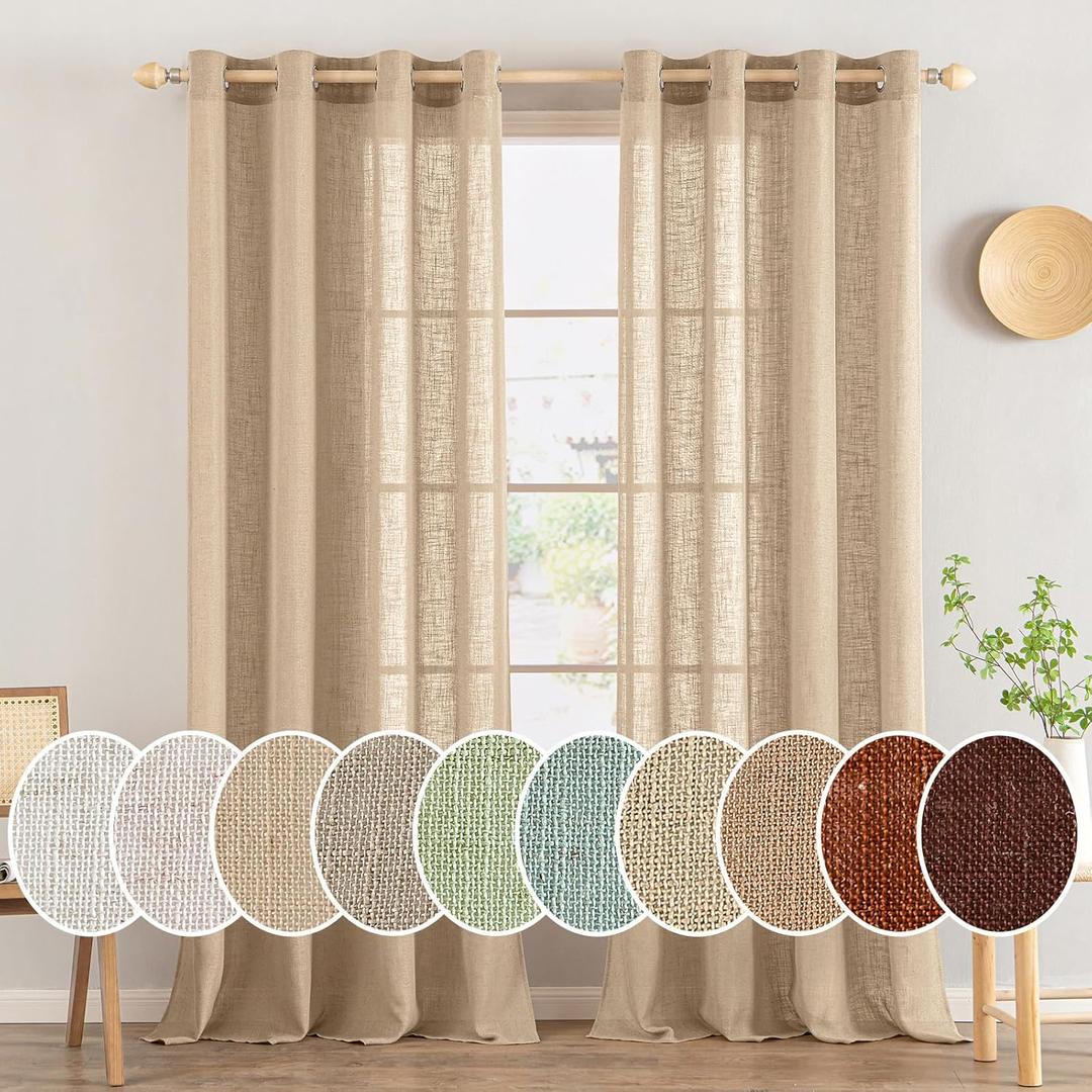 MIULEE Camel Beige Linen Curtains 108 Inches Long 2 Panels for Bedroom Living Room, Soft Thick Linen Textured Window Drapes Semi Sheer Light Filtering Grommet Top Burlap Look Farmhouse Decor (52"W x 108"L (Pack of 2))