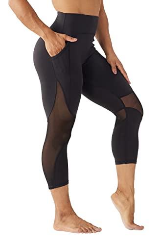 ONGASOFT High Waisted Yoga Capris Pants for Women Running Workout Mesh Leggings Side Pockets Squat Proof Tummy Control S