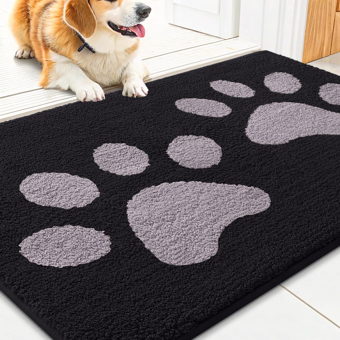 Smiry Dog Door Mat for Muddy Paws, Absorbs Moisture and Dirt, Low-Profile Entryway Mat with Non-Slip Backing, Entry Indoor Outdoor Doormat for Inside Floor (36x24 Inches, Black and Grey, Paw)