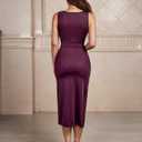 CurvySweet Deep V Neck Wrap Formal Midi Cocktail Dress Sleeveless Thigh Slit Ruffle Ruched Fall Wedding Guest Dress for Women Burgundy