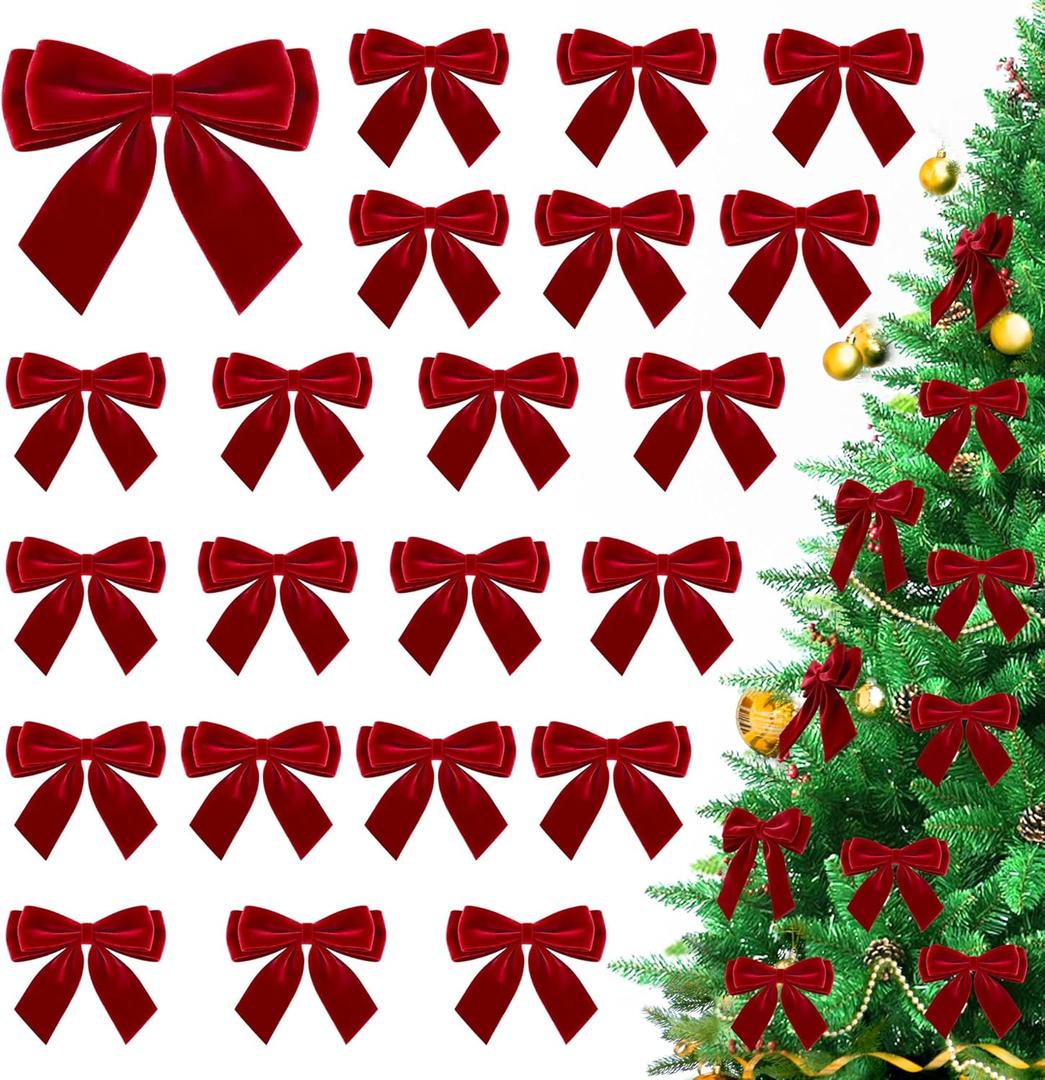 24Pcs Velvet Bows for Christmas Tree, Small Red Bows Christmas Decorations with Twist Tie, Bulk Red Velvet Ornaments for Wreath Garland Gift Wrapping Wedding Champagne Parties Decor, 3.5*3.5 in