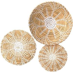 Glenmal 3 Pcs Boho Wall Basket Decor Decorative Bulrush Woven Basket Wall Decor Art Farmhouse Handmade Hanging Baskets with African Design for Living Room Display Table Settings Kitchen Home(Bright)