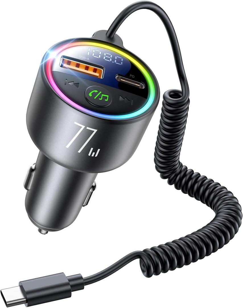77W Bluetooth 5.4 FM Transmitter Car Adapter [PD3.0 65W+12W Fast Charging] Bluetooth Car Adapter [Deep Bass&Lossless Call Sound] Radio Bluetooth Transmitter for Car HiFi Mic & Colors LED Display (Black)
