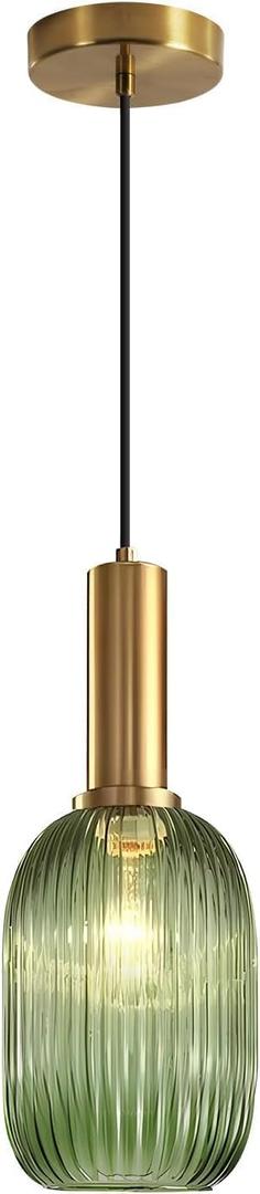 KCO Lighting Green Ribbed Glass Pendant Light Kitchen Island Small Antique Brass Ceiling Pendant Light Mid Century Modern Dining Room Hanging Light Fixture Gold Globe Pendant Lighting (13cm)