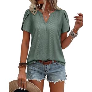 Bulotus Women Summer Tops Boho Short Sleeve Blouse Business Casual Tops Loose Fit Floral Tunic Beach Vacation Oufits (Green, M)