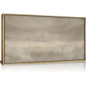 Wood Framed Jesus & Sheep Wall Art, Large Minimalist Christian Painting Canvas Prints, Jesus Leaves the 99 Sheep Picture, Modern Beige Religious Landscape Artwork for Bedroom Prayer Room 24×48 in