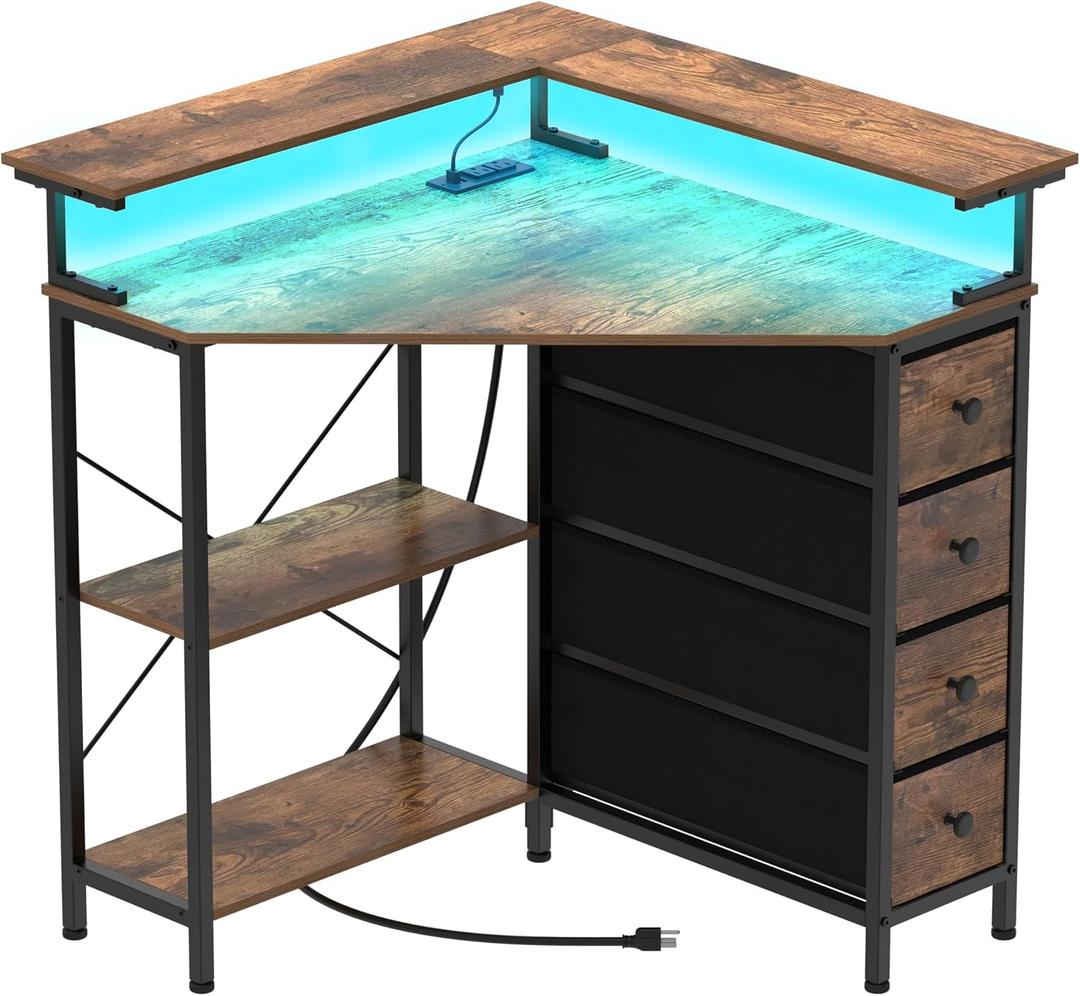 VENNQD Corner Desk with Drawers Shelves for Small Space 90 Degrees Triangle Computer Desk with Power Outlets,Gaming Desk with LED Lights Monitor Stand for Home Office Workstation Writing Table (Brown), 31.89 inches x 31.89 inches x 34.84 inches