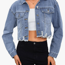 Women's Crop Denim Jacket Casual Long Sleeve Ripped Frayed Hem Jean Jackets M