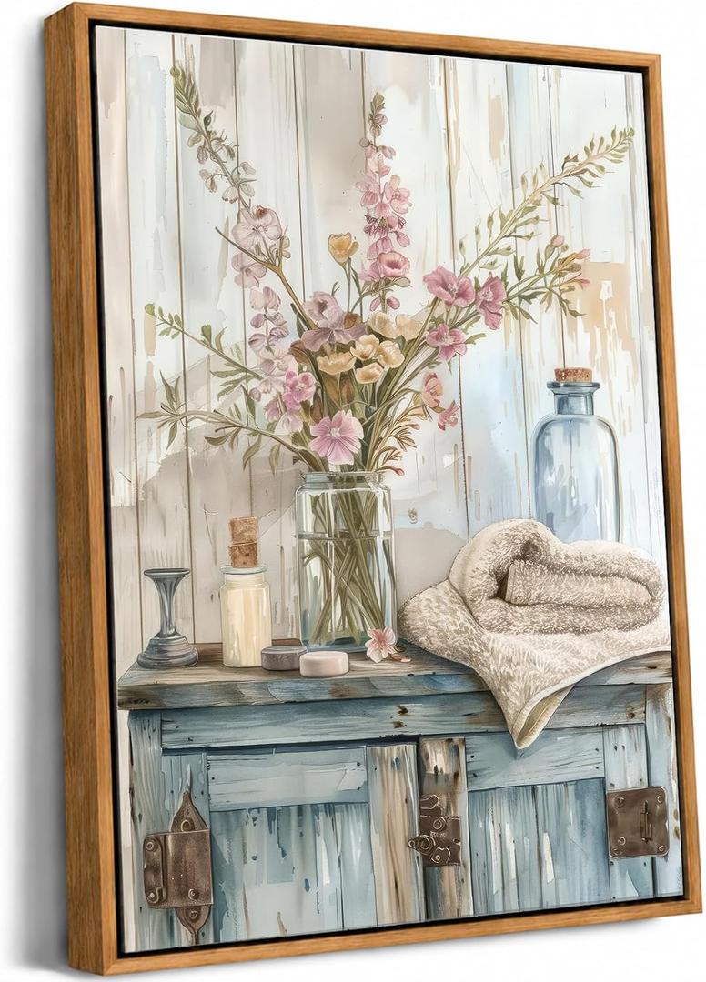 Floating Framed Blue Rustic Farmhouse Flowers Canvas Wall Art for Bathroom, 24"L x 16"W