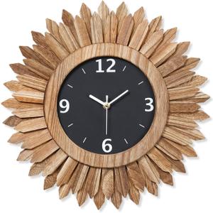 Honiway 16 Inch Wall Clocks, Rustic Wood Boho Sunburst Decorative Wall Clock Battery Operated Silent Non Ticking Farmhouse Large Wall Clocks for Living Room Kitchen Bedroom Home Decor (Rustic Brown)