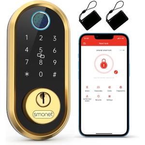 Smart Lock SMONET Bluetooth Keyless Entry Keypad Smart Deadbolt-Fingerprint Electronic Deadbolt Lock, Remote Ekeys Sharing, Easy to Install for Homes and Hotel Works with Alexa(Gateway Not Included) (Gold)