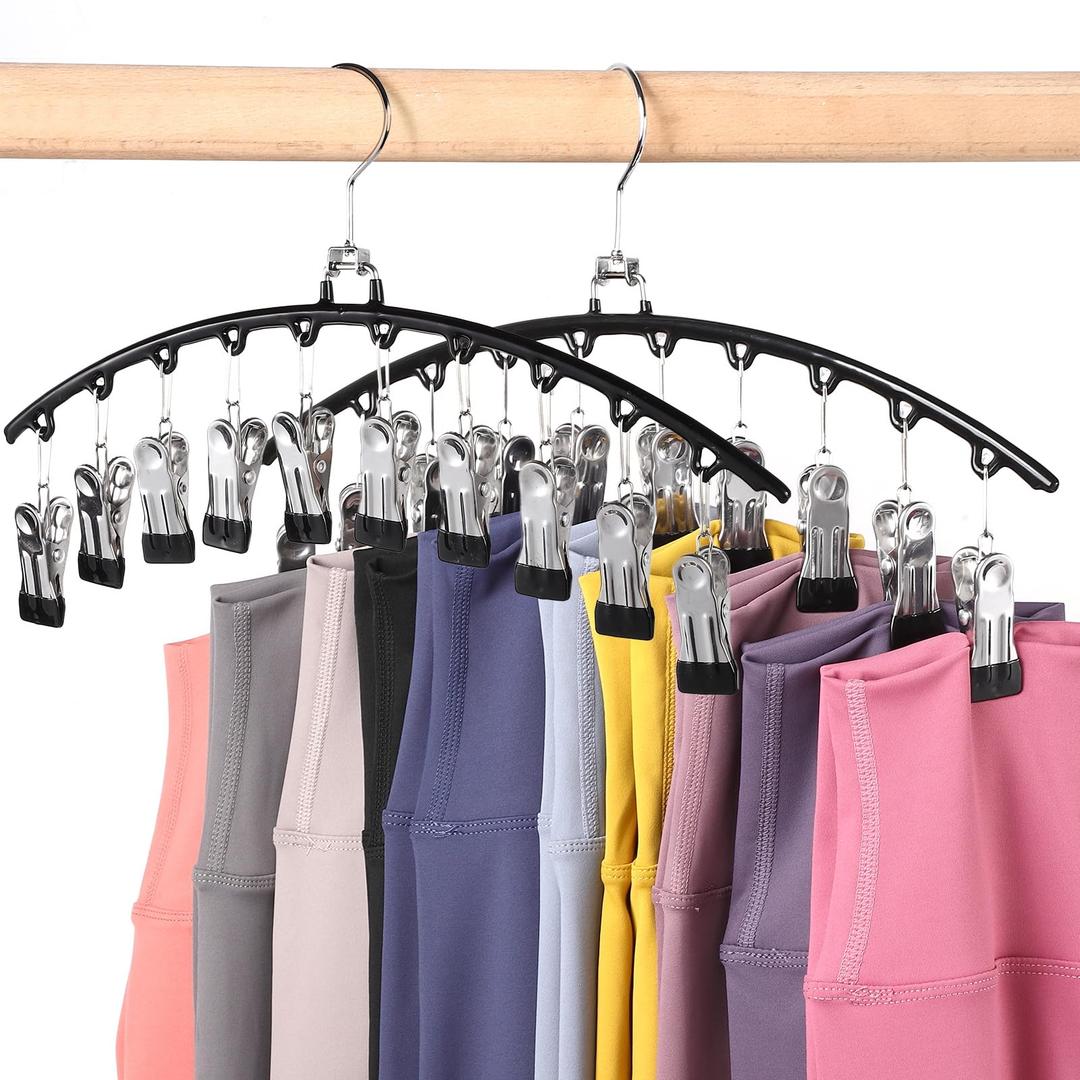 HOUSE DAY Legging Organizer for Closet, Metal Yoga Pants Hanger 2 Pack w/10 Clips Holds 20 Leggings, Space Saving Hanger Closet Organizers and Storage, Clips Hanger for Pants, Skirts, Hats, Black