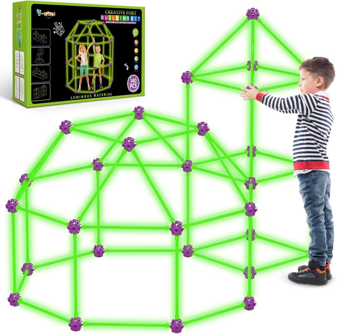 V-Opitos 140 Pack Glow in The Dart Fort Building Kits for Kids Age 4, 5, 6, 7, 8+ Years Old, STEM Building Toys for DIY Castles, Tunnels, Ideal Christmas, Birthday Gifts for Boys & Girls