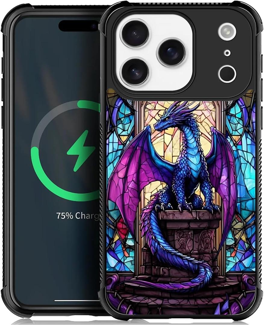 Compatible with iPhone 17 Pro Magnetic Charge Case Shockproof Protective for Man Women Non-Slip for iPhone 17 Pro Crazy Pattern Stained Glass Blue Purple Diamond Dragon