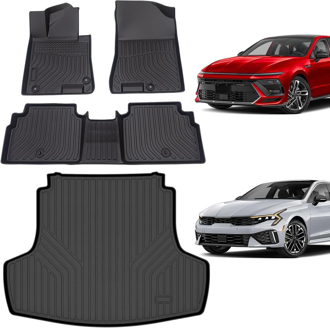 Floor Mats & Cargo Liner for kia k5 2021-2025 (Only FWD Models) & Hyundai Sonata 2020-2026, All-Weather TPE Custom Fit Car Liners Accessories, Full Coverage Anti-Slip 1st & 2nd Row & Trunk Mat