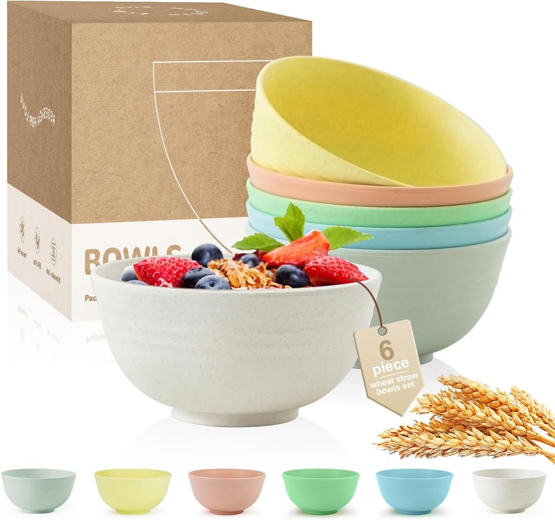 Wheat Straw Bowls - Cereal Bowls Set of 6, 26 OZ, Lightweight & Unbreakable, Microwave Safe, Macaron Colors