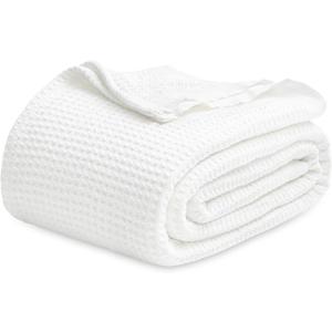 Bedsure Gentlesoft 100% Cotton Blanket Queen Size for Bed - Breathable and Soft, Thick Cozy Waffle Weave Christmas Blanket Gift for Women, White, 90x90 Inches
