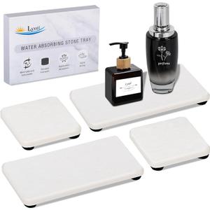 4PCS Water Absorbing Stone Tray for Sink, Fast Drying Stone Sink Tray, Water Absorbent Diatomite Trays, Diatomaceous Coaster, Stones Drying Trays for Bathroom Sinks and Kitchen Counter (White)