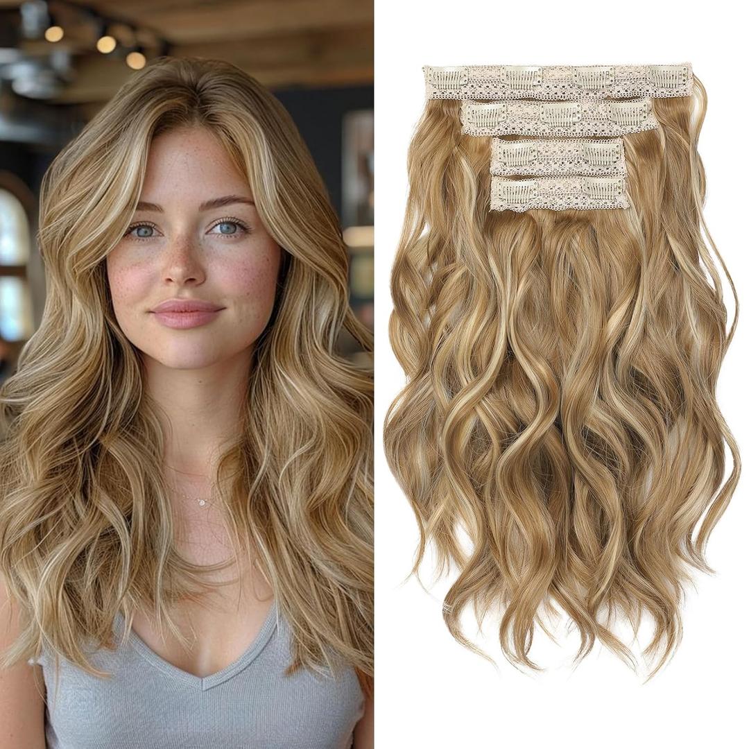 REECHO Hair Extensions, 4PCS Clip in Hair Extensions 14" Short Beach Wavy Invisible Lace Weft Natural Soft Hairpieces for Women  Honey Blonde with Highlights