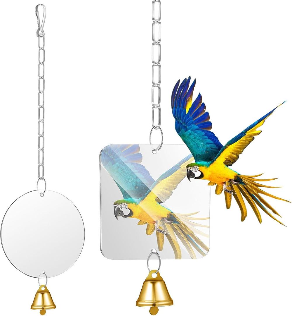 Bird Mirror with Bell : 2Pcs Acrylic Hanging Parakeet Mirror for Cage - Square and Round Shaped Interactive Parrot Toy