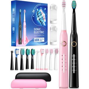 TEETHEORY 2 Pack Sonic Toothbrush, Electric Toothbrush Adults with 40000VPM 5 Modes 12 Brush Heads 2 Travel Cases, Sonic Toothbrush 4 Hours Charge Minimum 30 Days -Black&Pink