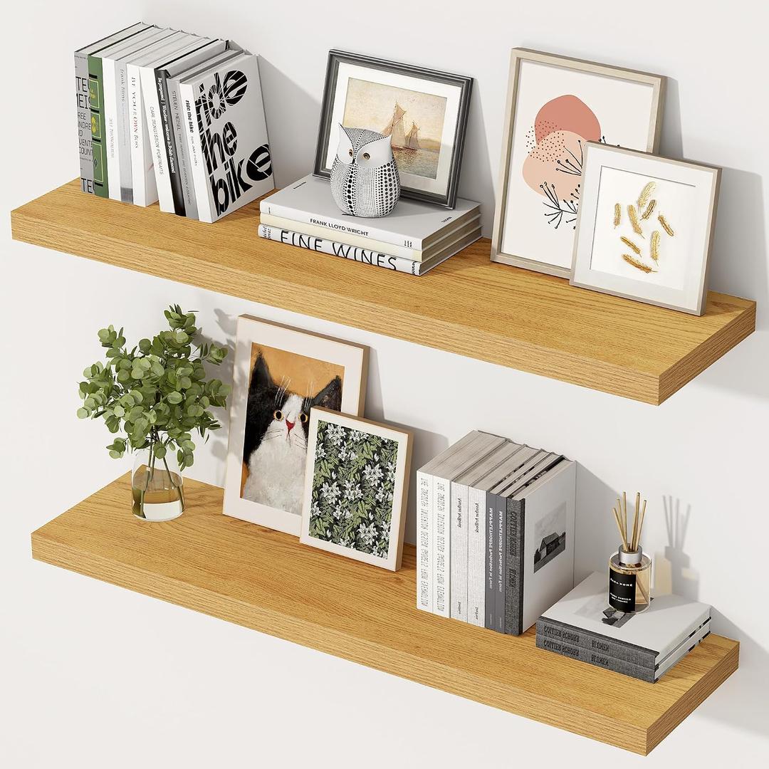 36 Inch Floating Shelves, 12 Inch Deep Floating Shelves for Wall, Extra Deeper & Thicker Wooden Wall Shelf with Invisible Brackets, Shelf for Bedroom Home Decor（Oak, Set of 2）