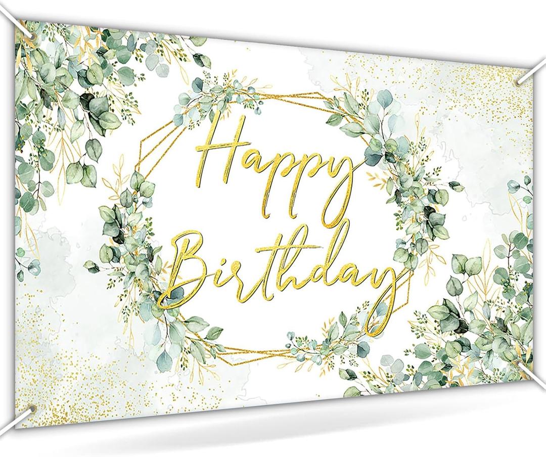 Avezano Sage Green Birthday Backdrop Greenery Eucalyptus Leaves Birthday Party Background Bday Party Decorations for Women Adults 6 x 3.6 ft