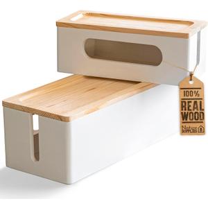 NATURE SUPPLIES Set of 2, Wood Cable Management Boxes, Large and Medium Cord Organizer to Hide Wires and Power Strips for TV, Desk, Computer, Router, Cable Storage and Home Office Organization, White